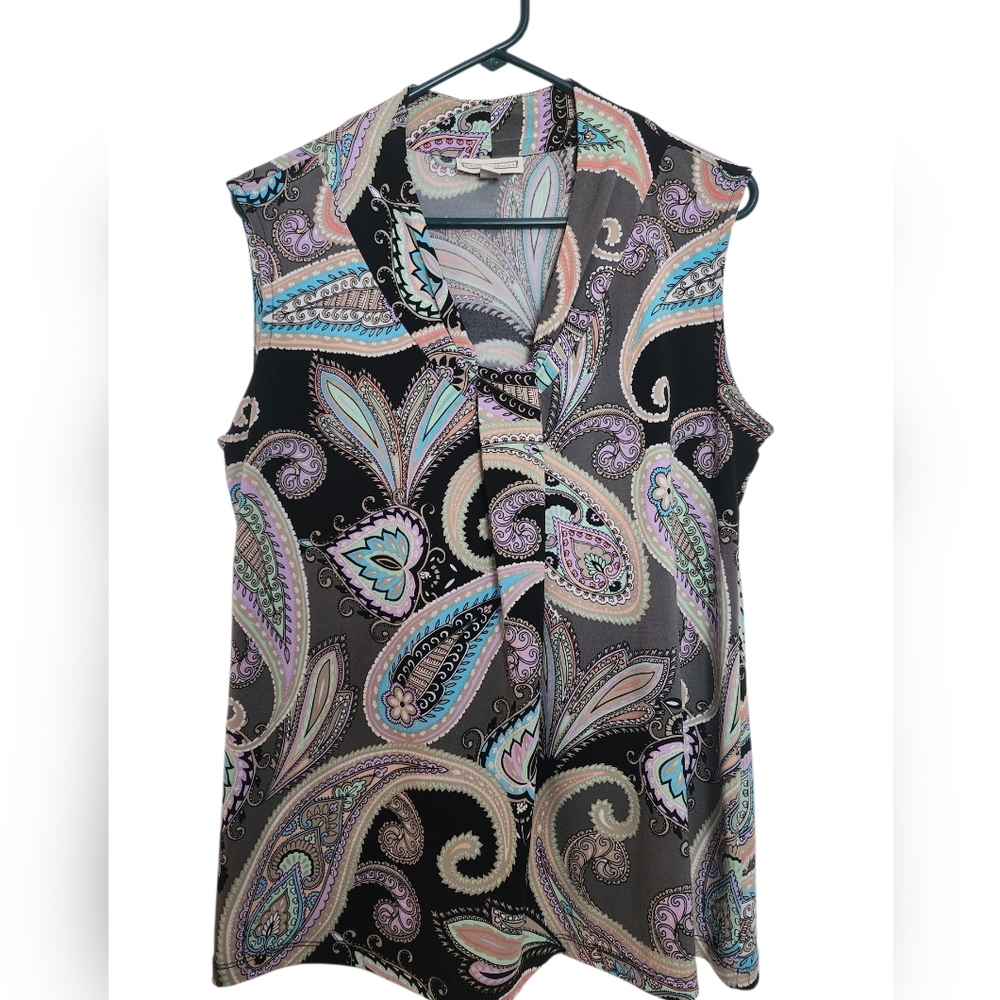 Dana Buchman Sleeveless Top Womens Black Green Gray Print SZ Large